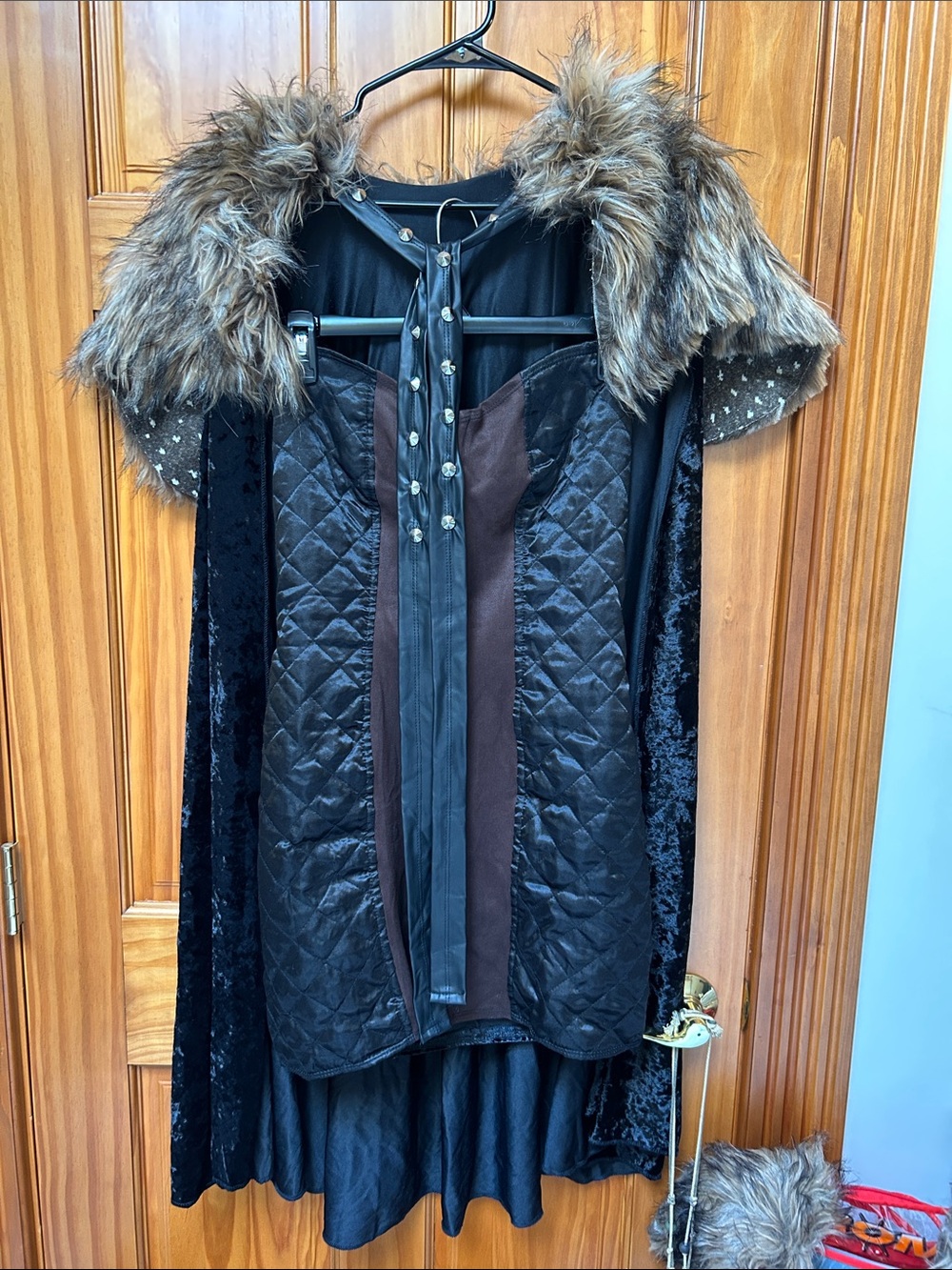 Faux Fur Trim Quilted Black and Brown Cape